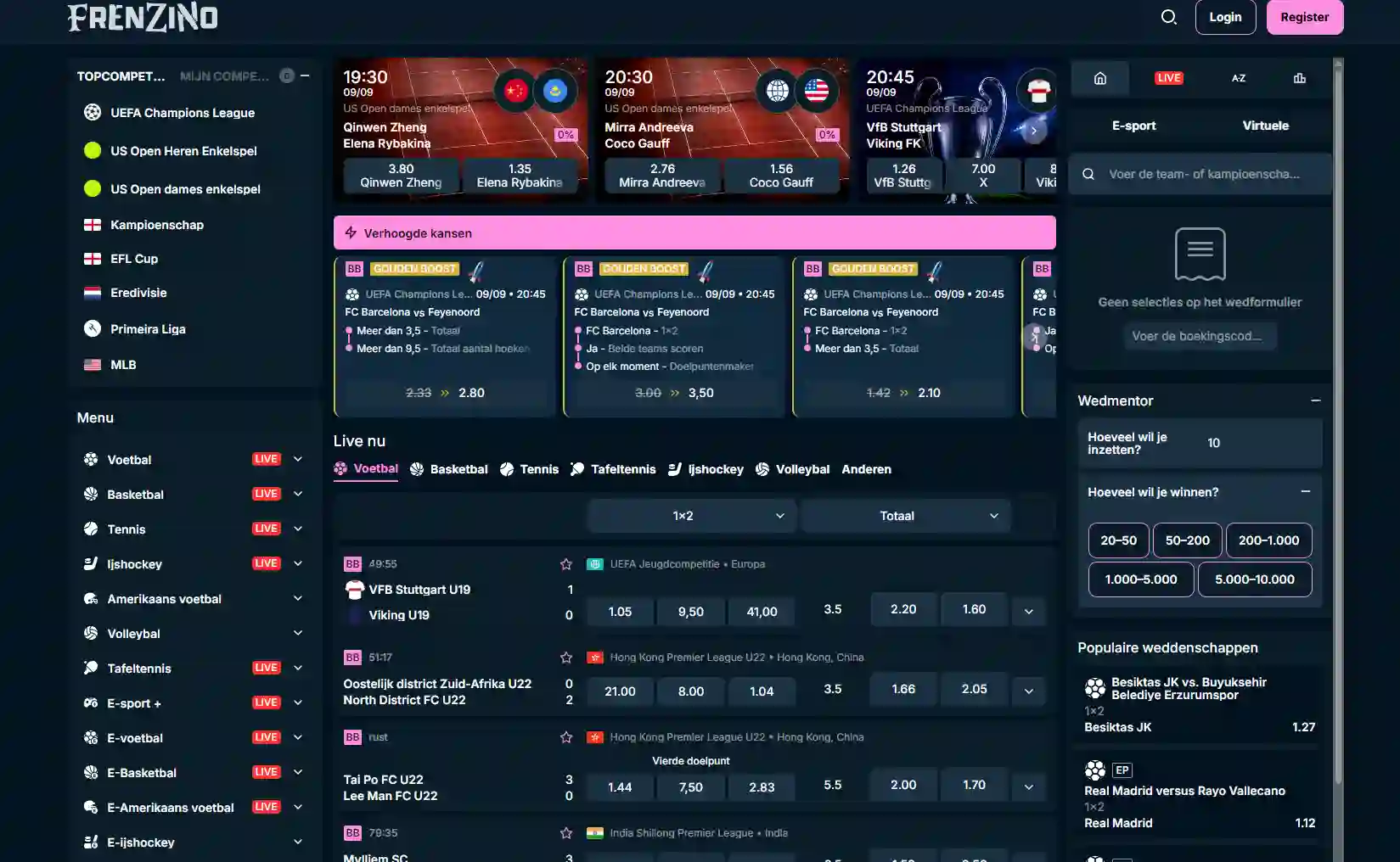 actuele Frenzino sportsectie-interface