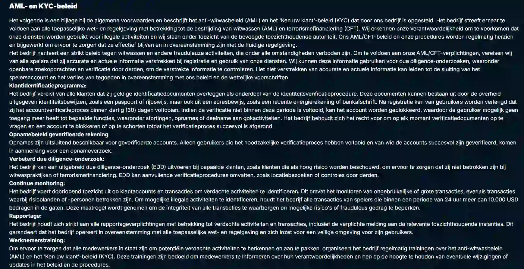officiële Frenzino AML- en KYC-policy met de sectie over identiteitsdocumenten en bevestigde opnames