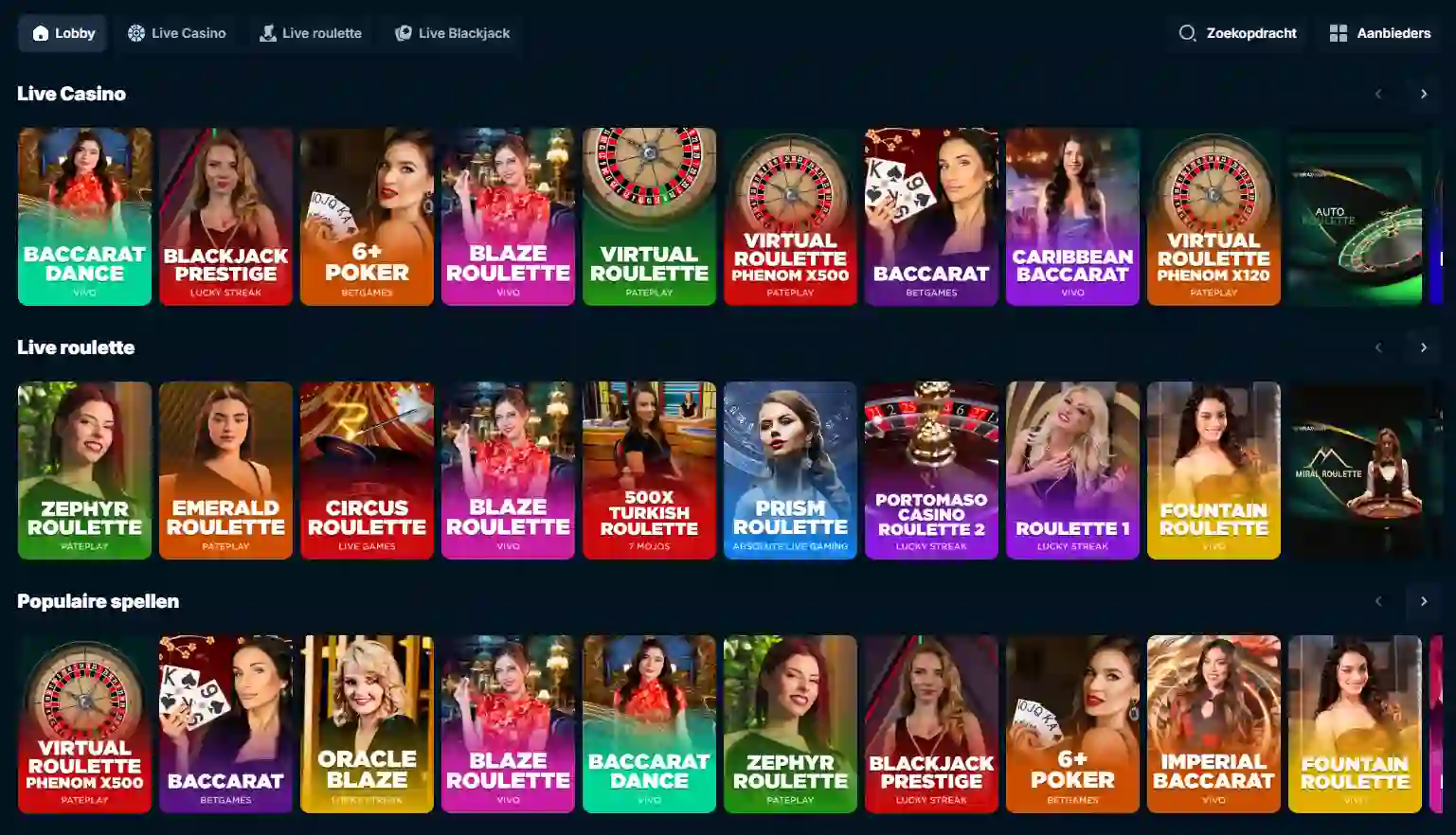 actuele Frenzino live-casino lobby met live roulette en live blackjack