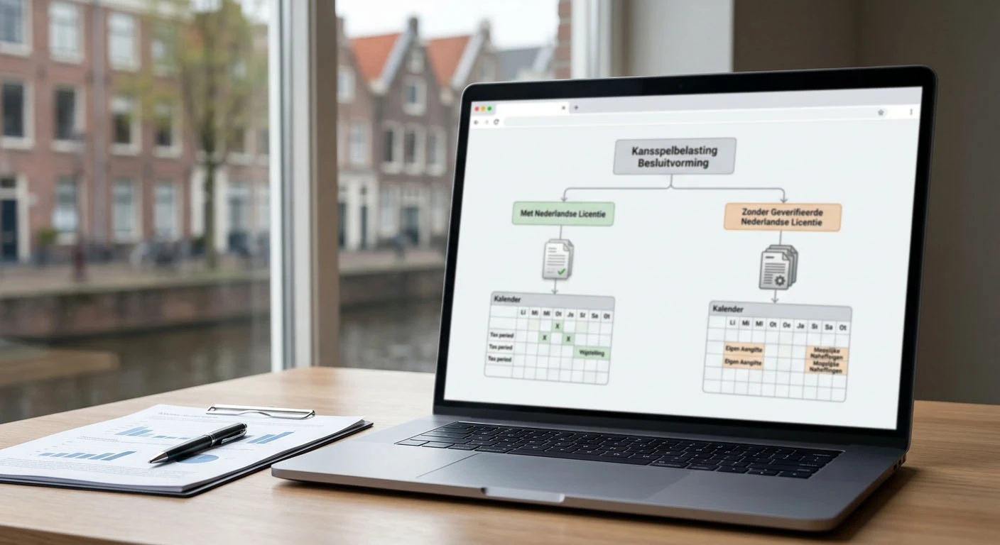 Illustratieve beslisboom over Nederlandse kansspelbelasting bij online gokken met en zonder KSA-vergunning