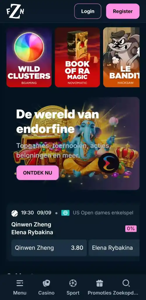 Frenzino homepage of lobby in een mobiele browserweergave