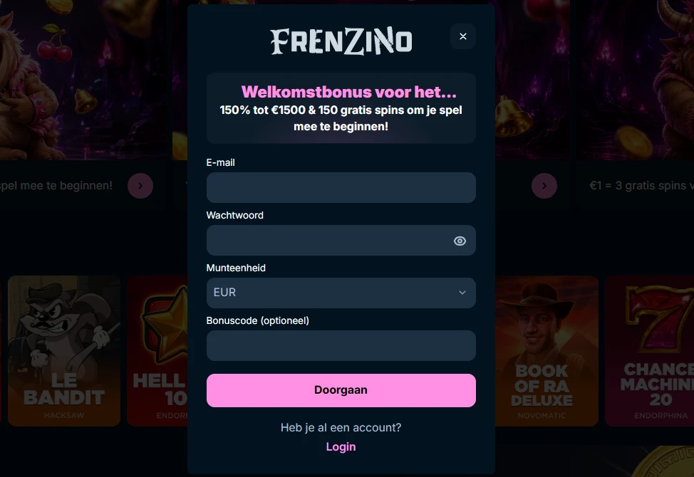 Frenzino registratie-interface met het account-aanmaakscherm zichtbaar