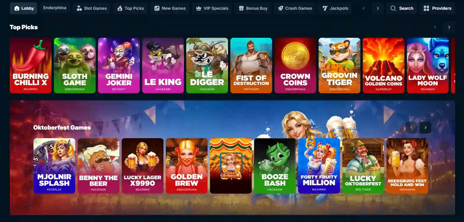 actuele Frenzino casino-lobby met zichtbare spelcategorieën en filters op spelaanbieder