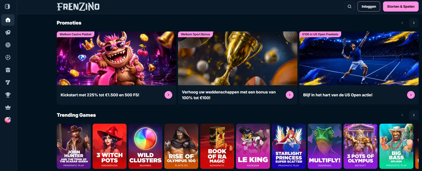 Frenzino homepage met hoofdnavigatie en casino-onderdelen