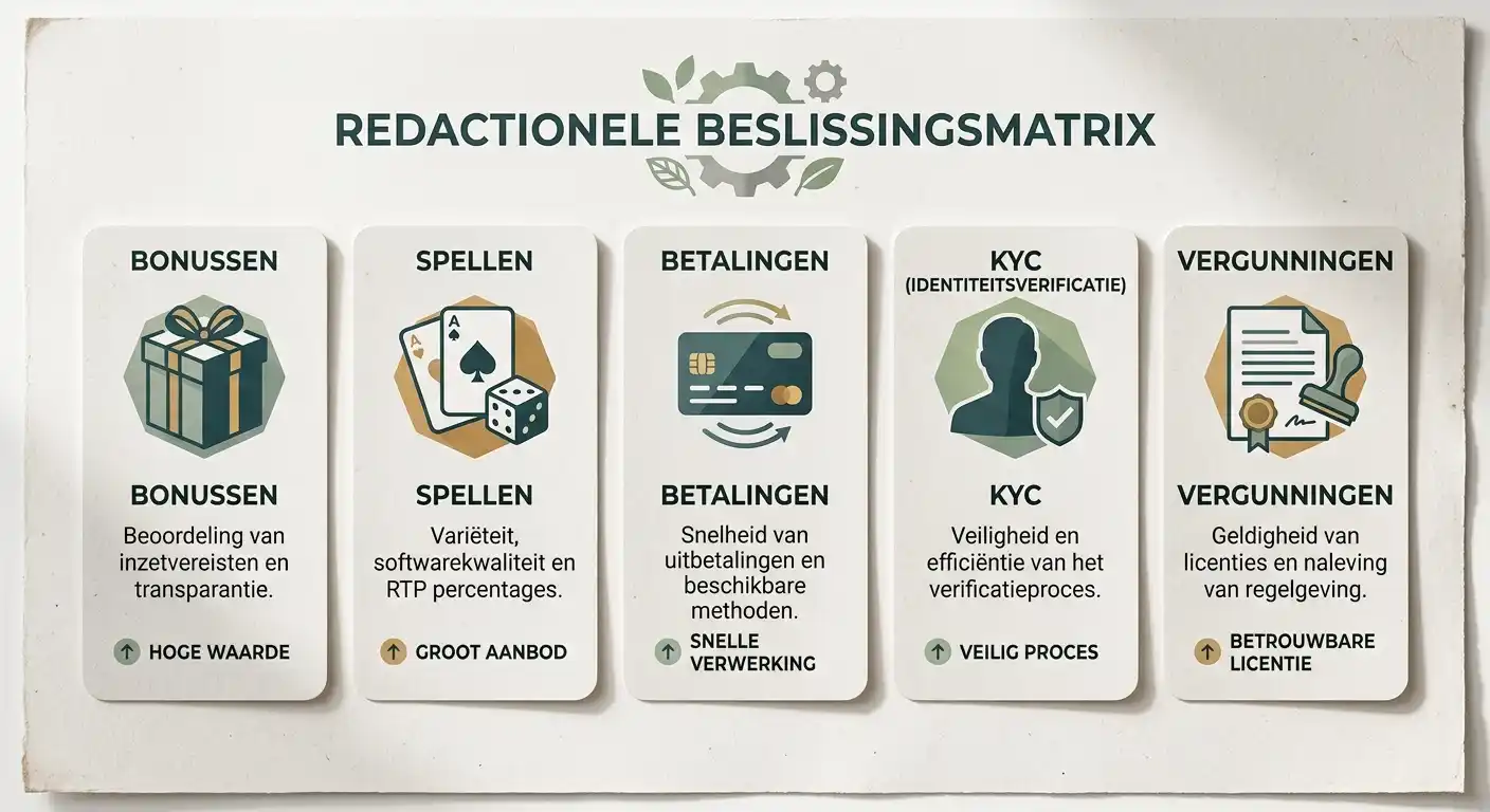 Redactionele beslismatrix voor bonus, spellen, betalingen, KYC en licentiecontext